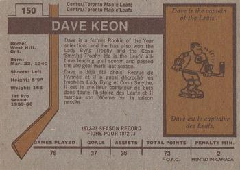 1973-74 O-Pee-Chee #150 Dave Keon Back