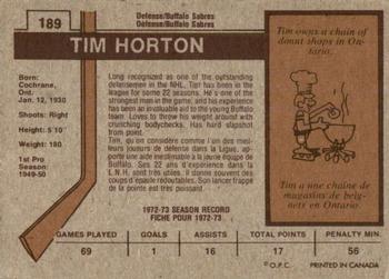 1973-74 O-Pee-Chee #189 Tim Horton Back
