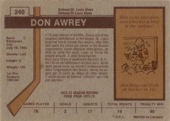 1973-74 O-Pee-Chee #240 Don Awrey Back