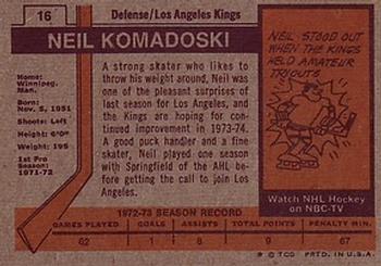 1973-74 Topps #16 Neil Komadoski Back