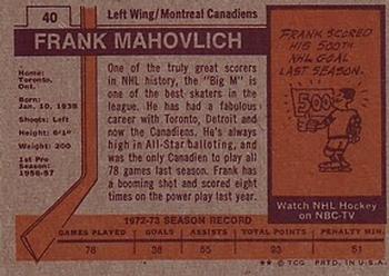 1973-74 Topps #40 Frank Mahovlich Back