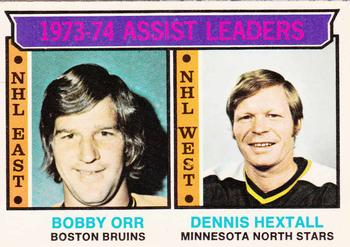 1974-75 O-Pee-Chee #2 1973-74 Assist Leaders (Bobby Orr / Dennis Hextall) Front