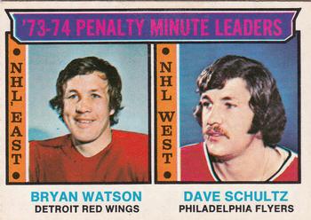 1974-75 O-Pee-Chee #5 '73-74 Penalty Minute Leaders (Bryan Watson / Dave Schultz) Front