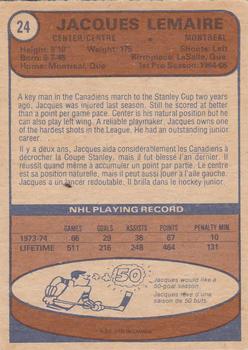 1974-75 O-Pee-Chee #24 Jacques Lemaire Back