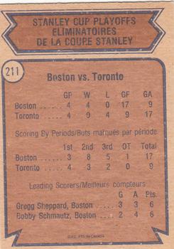 1974-75 O-Pee-Chee #211 Quarter-Finals (Bruins vs. Maple Leafs) Back