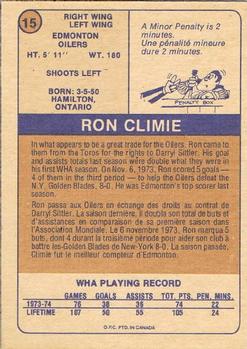 1974-75 O-Pee-Chee WHA #15 Ron Climie Back