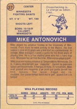 1974-75 O-Pee-Chee WHA #37 Mike Antonovich Back