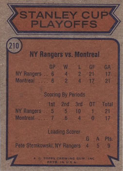 1974-75 Topps #210 Quarterfinals (Rangers vs. Canadiens) Back