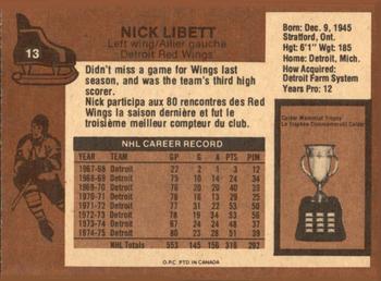 1975-76 O-Pee-Chee #13 Nick Libett Back