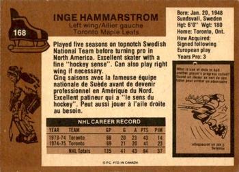 1975-76 O-Pee-Chee #168 Inge Hammarstrom Back