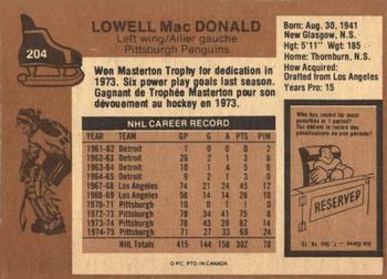 1975-76 O-Pee-Chee #204 Lowell MacDonald Back