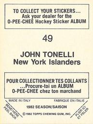 1982-83 O-Pee-Chee Stickers #49 John Tonelli Back