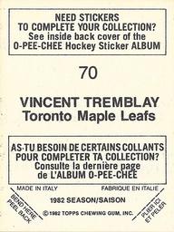 1982-83 O-Pee-Chee Stickers #70 Vincent Tremblay Back