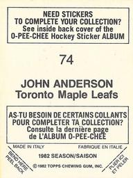 1982-83 O-Pee-Chee Stickers #74 John Anderson Back