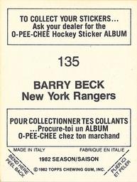 1982-83 O-Pee-Chee Stickers #135 Barry Beck Back