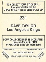 1982-83 O-Pee-Chee Stickers #231 Dave Taylor Back