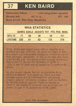 1975-76 O-Pee-Chee WHA #37 Ken Baird Back