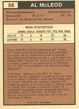 1975-76 O-Pee-Chee WHA #88 Al McLeod Back