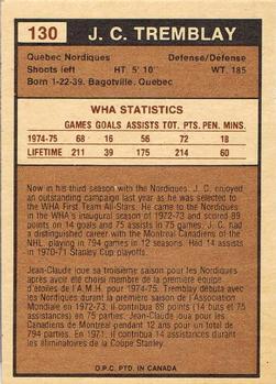 1975-76 O-Pee-Chee WHA #130 J.C. Tremblay Back