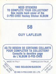 1983-84 O-Pee-Chee Stickers #58 Guy Lafleur  Back