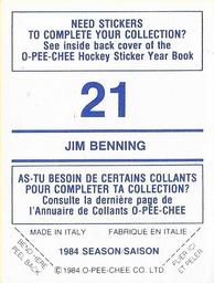 1984-85 O-Pee-Chee Stickers #21 Jim Benning Back