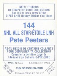 1984-85 O-Pee-Chee Stickers #144 Pete Peeters Back