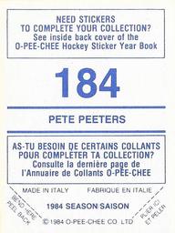 1984-85 O-Pee-Chee Stickers #184 Pete Peeters Back