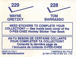 1984-85 O-Pee-Chee Stickers #228 / 229 Tom Barrasso / Wayne Gretzky Back