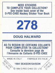1984-85 O-Pee-Chee Stickers #278 Doug Halward Back