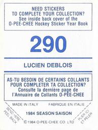 1984-85 O-Pee-Chee Stickers #290 Lucien DeBlois Back