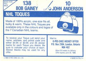 1985-86 O-Pee-Chee Stickers #10 / 138 John Anderson / Bob Gainey Back