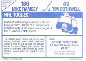1985-86 O-Pee-Chee Stickers #49 / 180 Tim Bothwell / Mike Ramsey Back