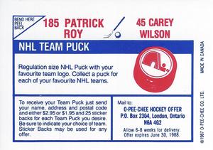 1987-88 O-Pee-Chee Stickers #45 / 185 Carey Wilson / Patrick Roy Back