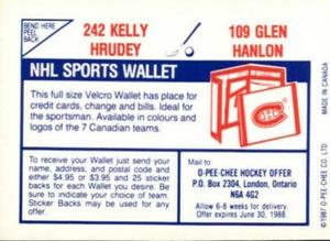 1987-88 O-Pee-Chee Stickers #109 / 242 Glen Hanlon / Kelly Hrudey Back