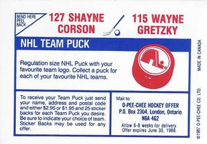 1987-88 O-Pee-Chee Stickers #115 / 127 Wayne Gretzky / Shayne Corson Back