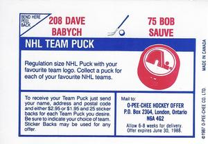 1987-88 O-Pee-Chee Stickers #75 / 208 Bob Sauve / Dave Babych Back