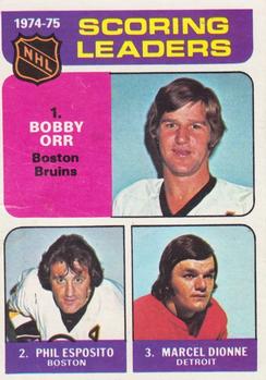1975-76 Topps #210 1974-75 Scoring Leaders (Bobby Orr / Phil Esposito/ Marcel Dionne) Front