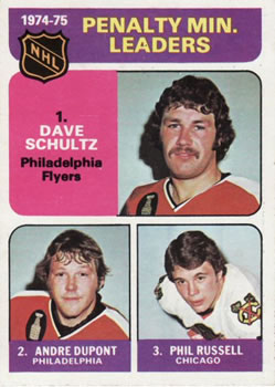 1975-76 Topps #211 1974-75 Penalty Min. Leaders (Dave Schultz / Andre Dupont / Phil Russell) Front