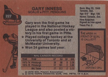 1975-76 Topps #227 Gary Inness Back