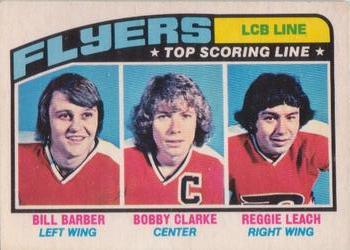 1976-77 O-Pee-Chee #215 LCB Line (Bill Barber / Bobby Clarke / Reggie Leach) Front