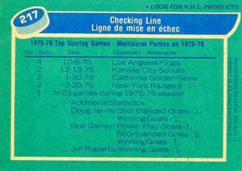 1976-77 O-Pee-Chee #217 Checking Line (Bob Gainey / Doug Jarvis / Jim Roberts) Back