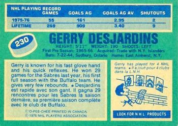 1976-77 O-Pee-Chee #230 Gerry Desjardins Back