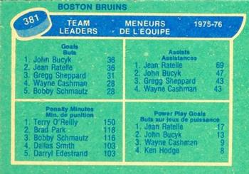 1976-77 O-Pee-Chee #381 Boston Bruins Team Leaders (Johnny Bucyk / Jean Ratelle / Terry O'Reilly) Back