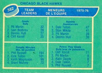 1976-77 O-Pee-Chee #382 Chicago Blackhawks Team Leaders (Pit Martin / Dale Tallon / Phil Russell / Cliff Koroll) Back
