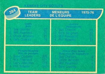 1976-77 O-Pee-Chee #384 Kansas City Scouts Team Leaders (Guy Charron / Steve Durbano) Back
