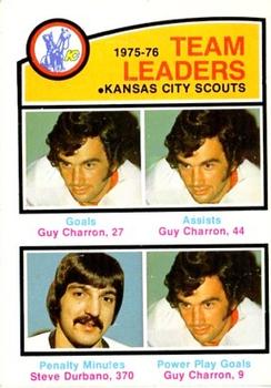 1976-77 O-Pee-Chee #384 Kansas City Scouts Team Leaders (Guy Charron / Steve Durbano) Front