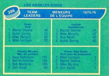1976-77 O-Pee-Chee #386 Los Angeles Kings Team Leaders (Marcel Dionne / Dave Hutchison / Mike Corrigan) Back
