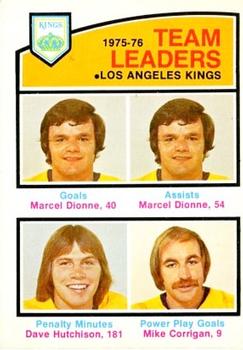 1976-77 O-Pee-Chee #386 Los Angeles Kings Team Leaders (Marcel Dionne / Dave Hutchison / Mike Corrigan) Front