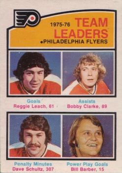 1976-77 O-Pee-Chee #391 Philadelphia Flyers Team Leaders (Reggie Leach / Bobby Clarke / Dave Schultz / Bill Barber) Front
