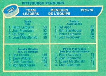 1976-77 O-Pee-Chee #392 Pittsburgh Penguins Team Leaders (Pierre Larouche / Syl Apps / Ron Schock) Back